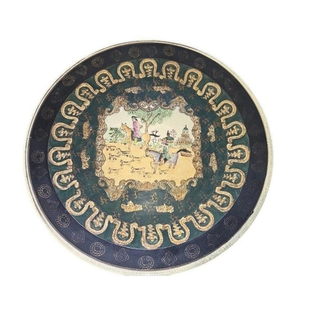 Vintage Chinese Crackle Glaze Decorative Plate Fox Hunt and Matching Bowl w/ Lid